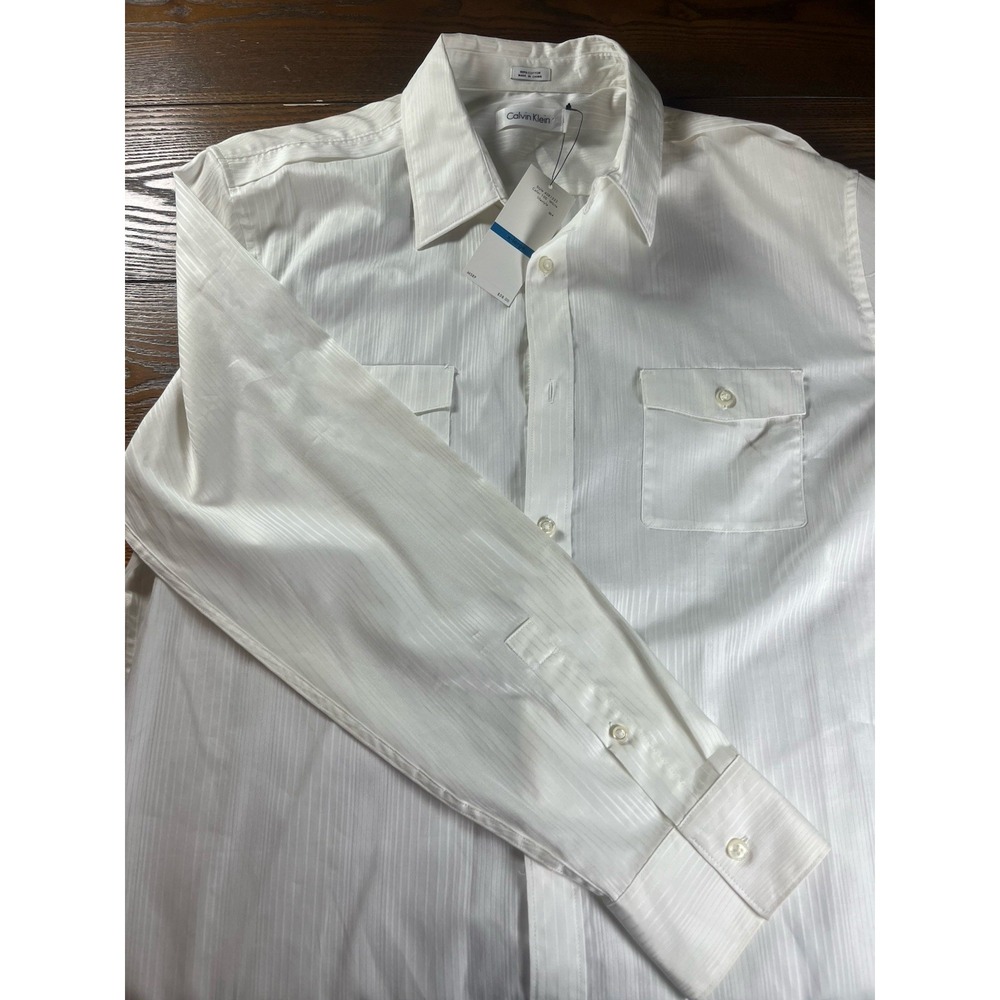 NEW Calvin Klein 100% White Mens XL Striped Dress Shirt 100% Cotton Long Sleeve